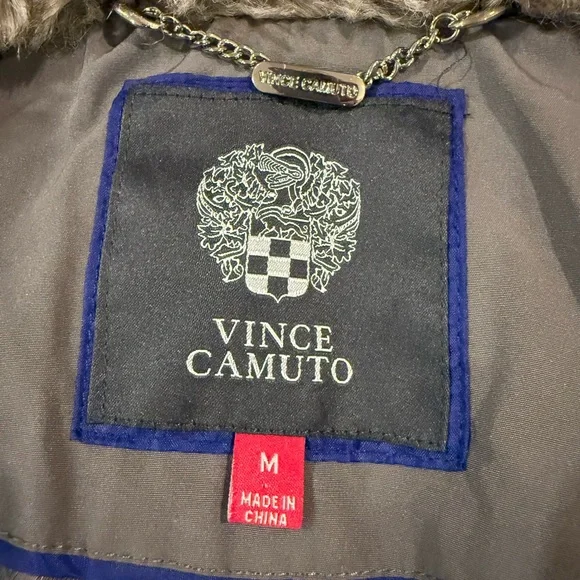 Vince Camuto Long Down Puffer Coat Parka Faux Fur Hood Gray M - Picture 2 of 16
